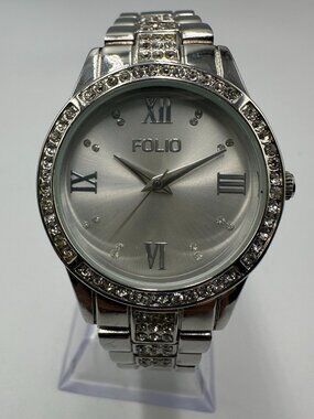 3/$30 Folio Watch Women Silver Tone Crystal Bezel Round Dial 31MM 7.5 Inch